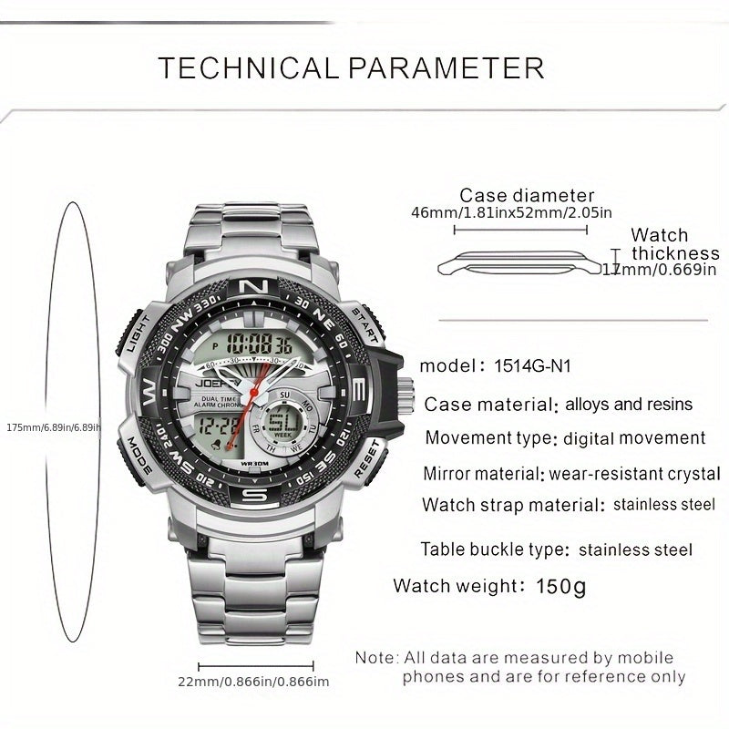 Reloj analógico y digital JOEFOX para hombre con esfera grande y doble pantalla, cronógrafo, alta calidad 24 horas, brújula multisensor, calendario, alarma y cronómetro. Reloj deportivo de lujo con retroiluminación LED,
