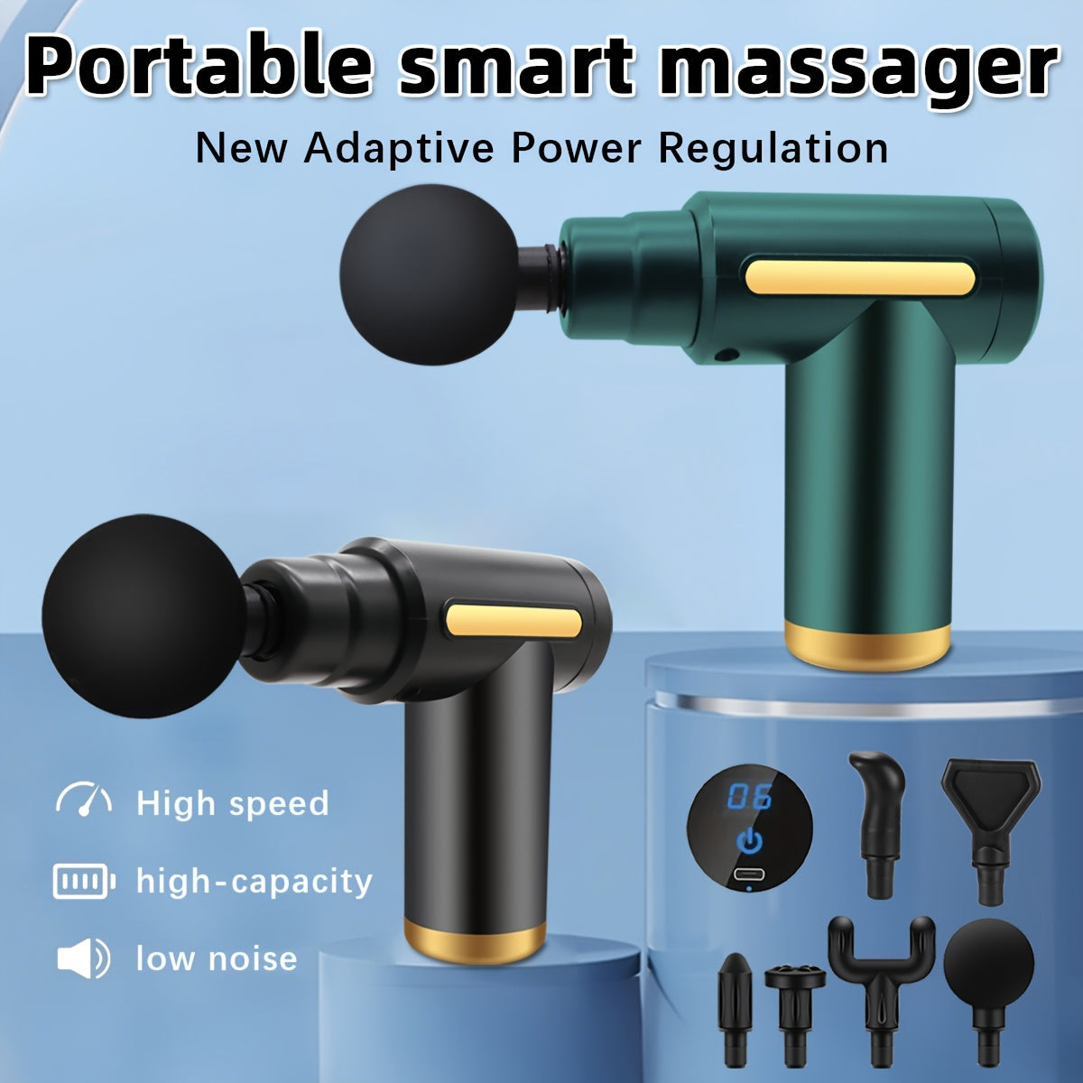 Pistola de masaje fascial eléctrica, masajeador muscular portátil con pantalla táctil LED y 4 cabezales de masaje, mini motor sin escobillas ultrasilencioso de mano para deportes y fitness.
