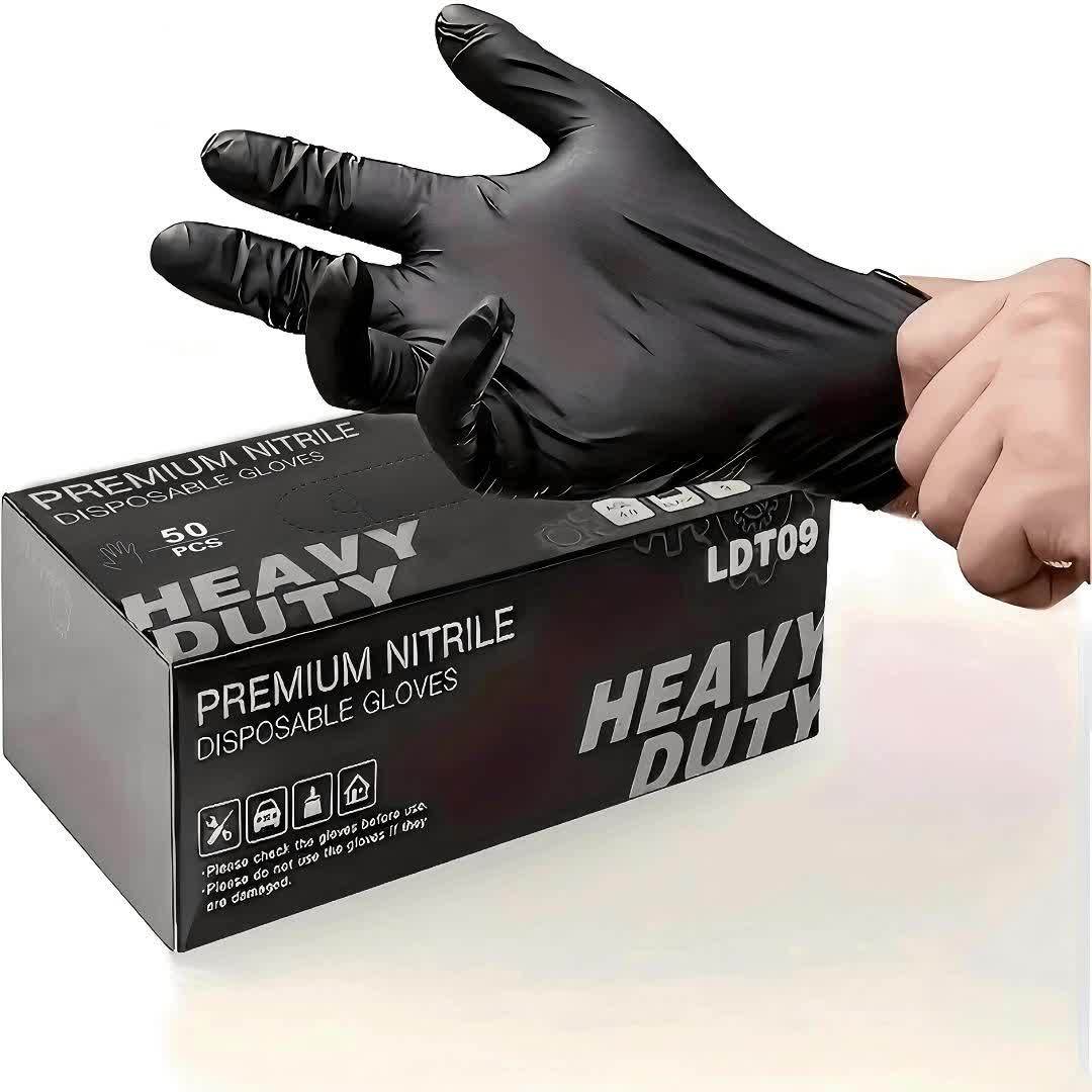 50 guantes desechables negros de nitrilo puro - Resistentes, duraderos e impermeables, de primera calidad para cocina, tatuadores, limpieza del hogar y cuidado del coche - Guantes de protección desechables, guantes de limpie