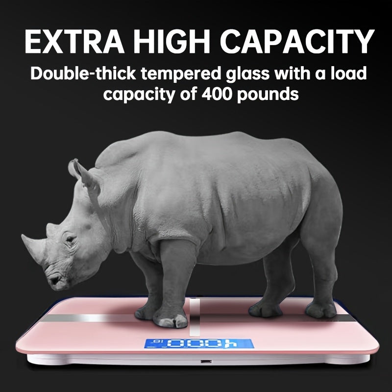 Báscula electrónica de baño inteligente de alta precisión y alta resistencia de 400 lb, diseño mejorado, superficie ampliada, número ilimitado de usuarios, reconocimiento automático, pantalla LCD HD y pantalla de tempe