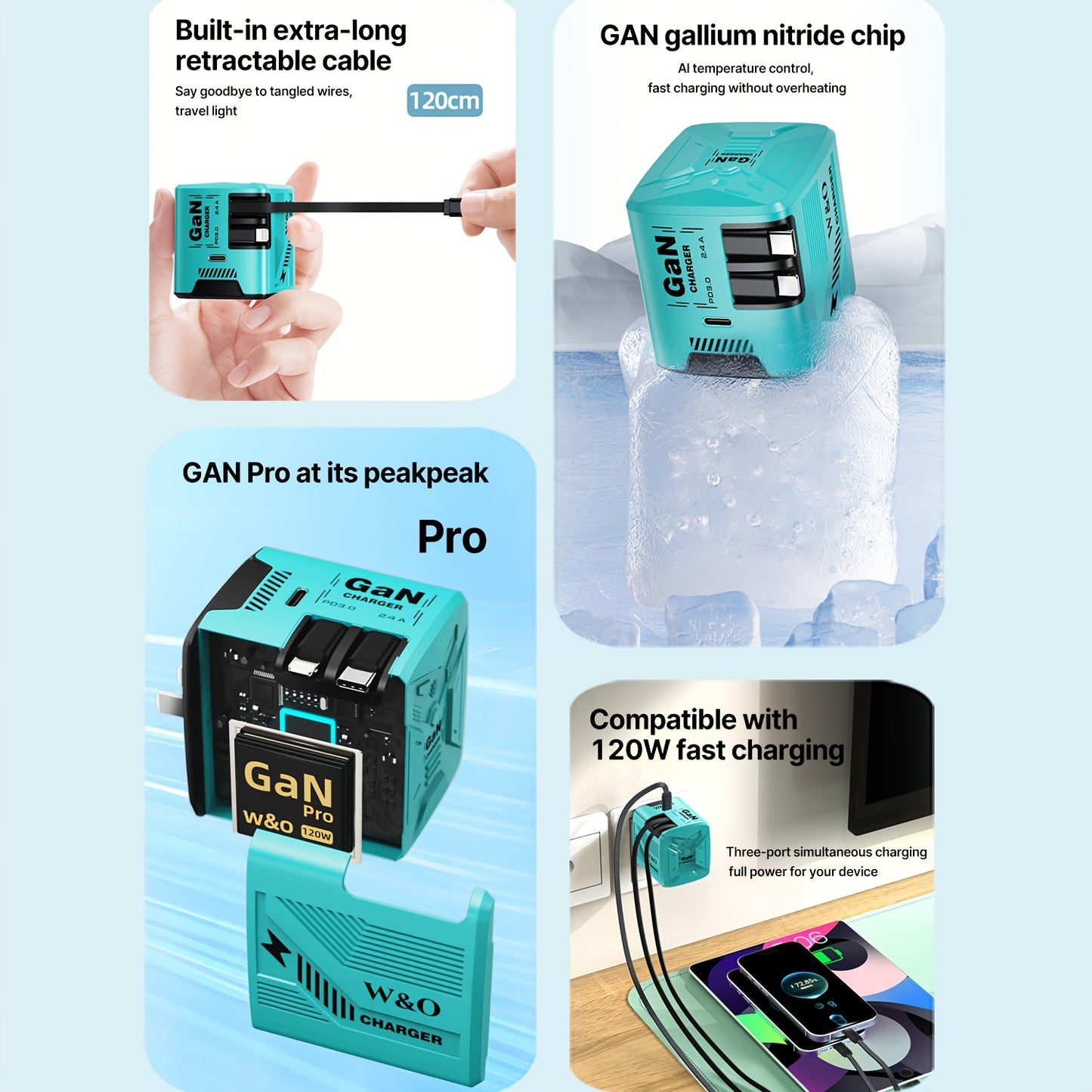 Cargador rápido portátil GaN de 120 W - Cable retráctil doble tipo C + Lightning de 120 cm, puerto de salida tipo C, enchufe plegable, duradero y antienredos - Compatible con iPhone 16/15/14/Plus/Pro Max, S25/S24 - Ideal p