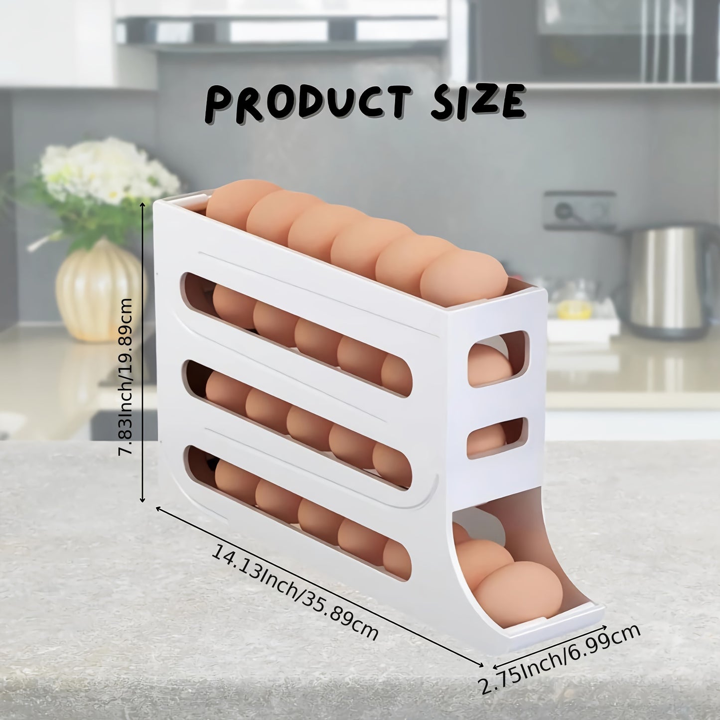 innovador dispensador estante para huevos de 4 capas. Puede contener hasta 30 huevos para almacenar en la puerta lateral del refrigerador.
