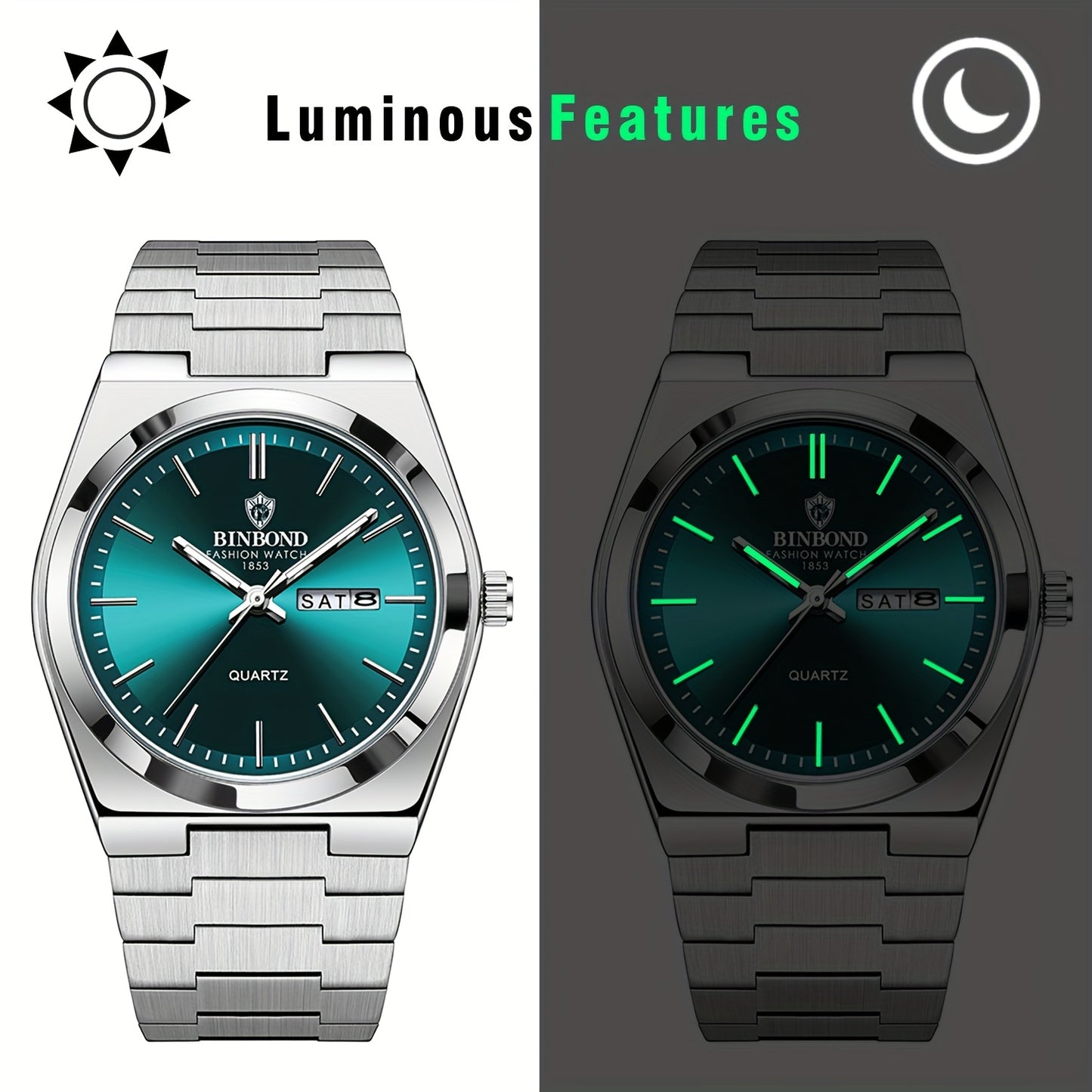 Reloj de acero inoxidable de lujo para hombre con esfera luminosa verde turquesa, indicador de semana/fecha/día/segundero, movimiento de cuarzo, correa sólida - Reloj de vestir profesional para negocios, viajes, buceo (-) -