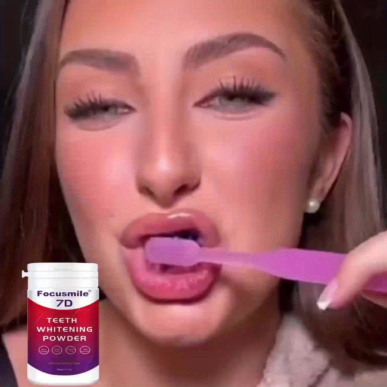 Polvo dental  morado FOCUSMILE - PAP, con saber refrescante a menta que elimina la suciedad de los dientes. No sensible.