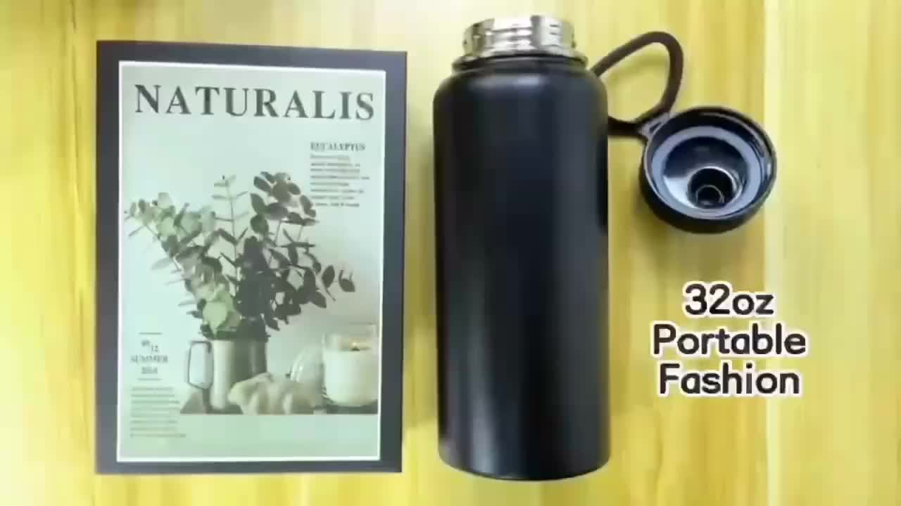 Botella de agua aislada de color sólido de 940 ml, botella deportiva al vacío de gran capacidad de 940 ml con vaso portátil de acero inoxidable a prueba de fugas, para acampar al aire libre, senderismo y conducción.
