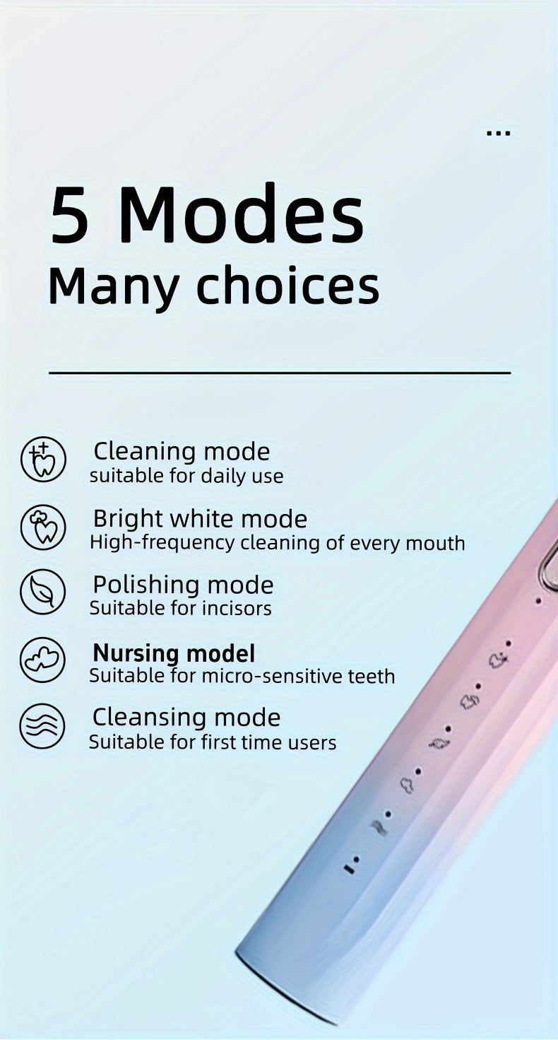 Cepillo de dientes eléctrico sónico resistente al agua IPX8 con carga USB, ideal para parejas, con cabezal reemplazable y eje metálico, temporizador inteligente y 5 cabezales de repuesto.