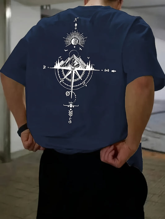 Camiseta con espalda estampada para hombre: diseño minimalista de cruces y círculos. Camiseta de algodón suave y transpirable para uso diario y formal. Top casual para cualquier temporada para los amantes de la moda urbana
