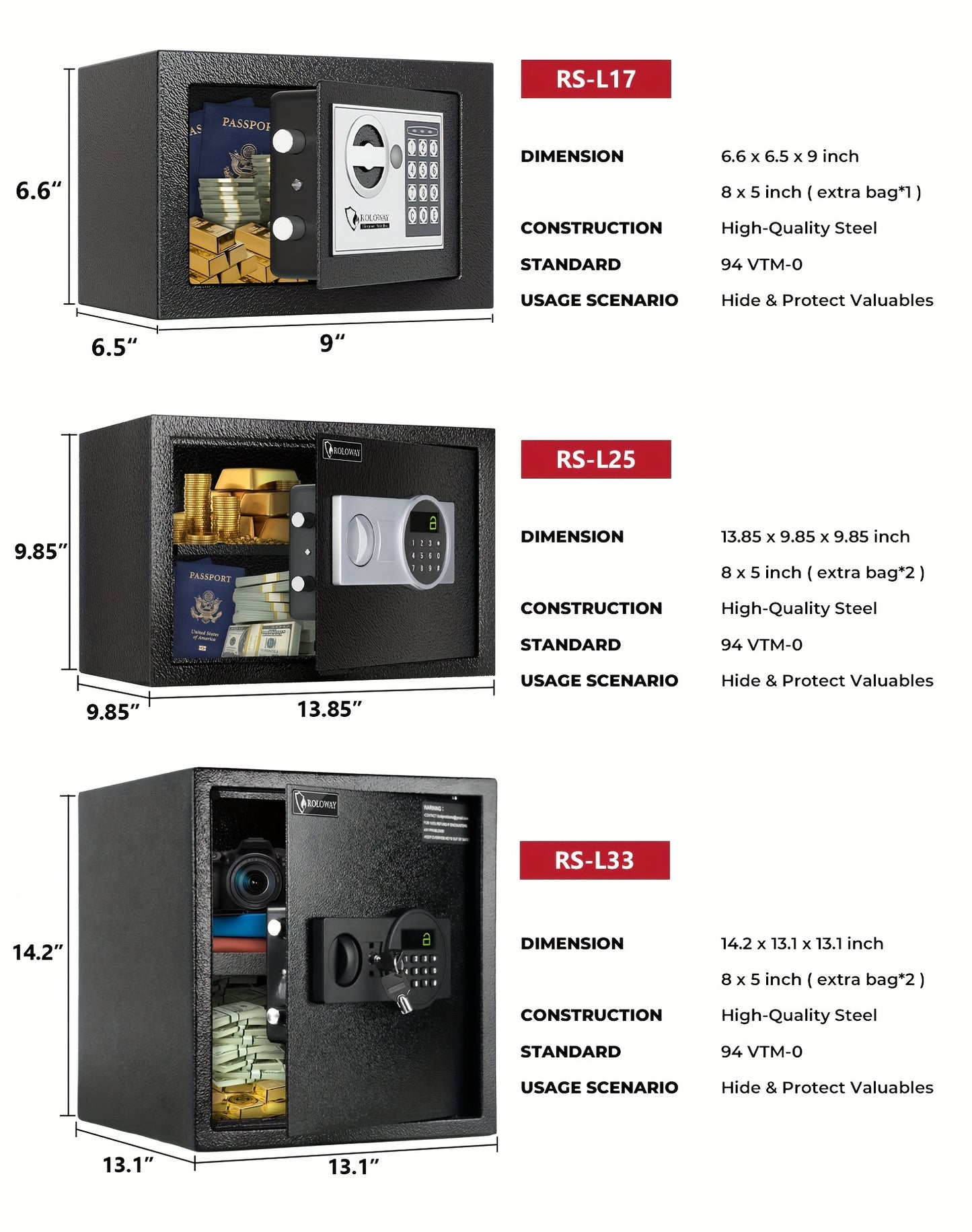Caja fuerte de acero resistente e ignífuga con bolsa para efectivo - Caja fuerte segura para el hogar con teclado y cerradura, ideal para guardar dinero, documentos y objetos de valor (negra), almacenamiento de objetos de va