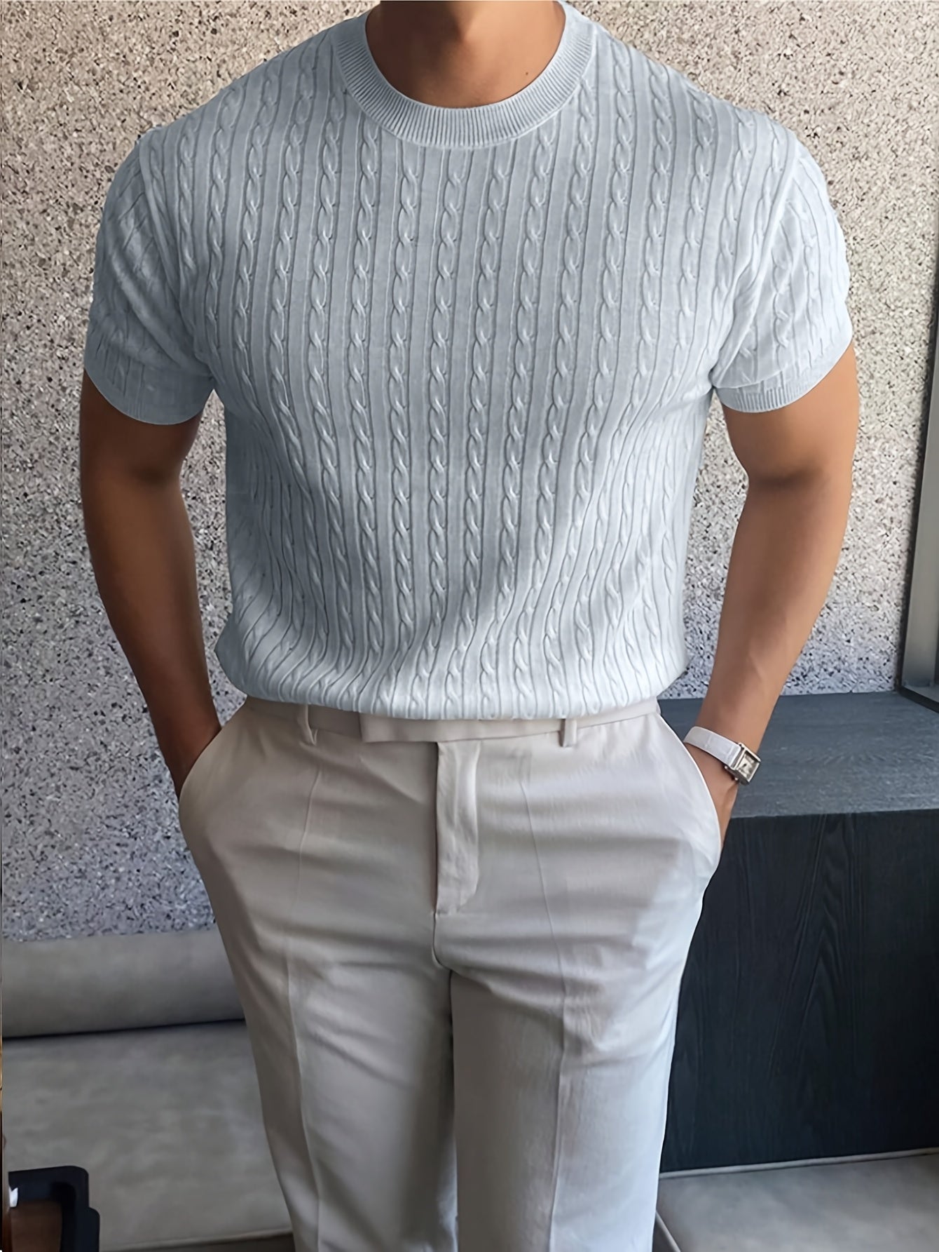 Suéter de punto trenzado con cuello redondo para hombre, manga corta y cuello acanalado