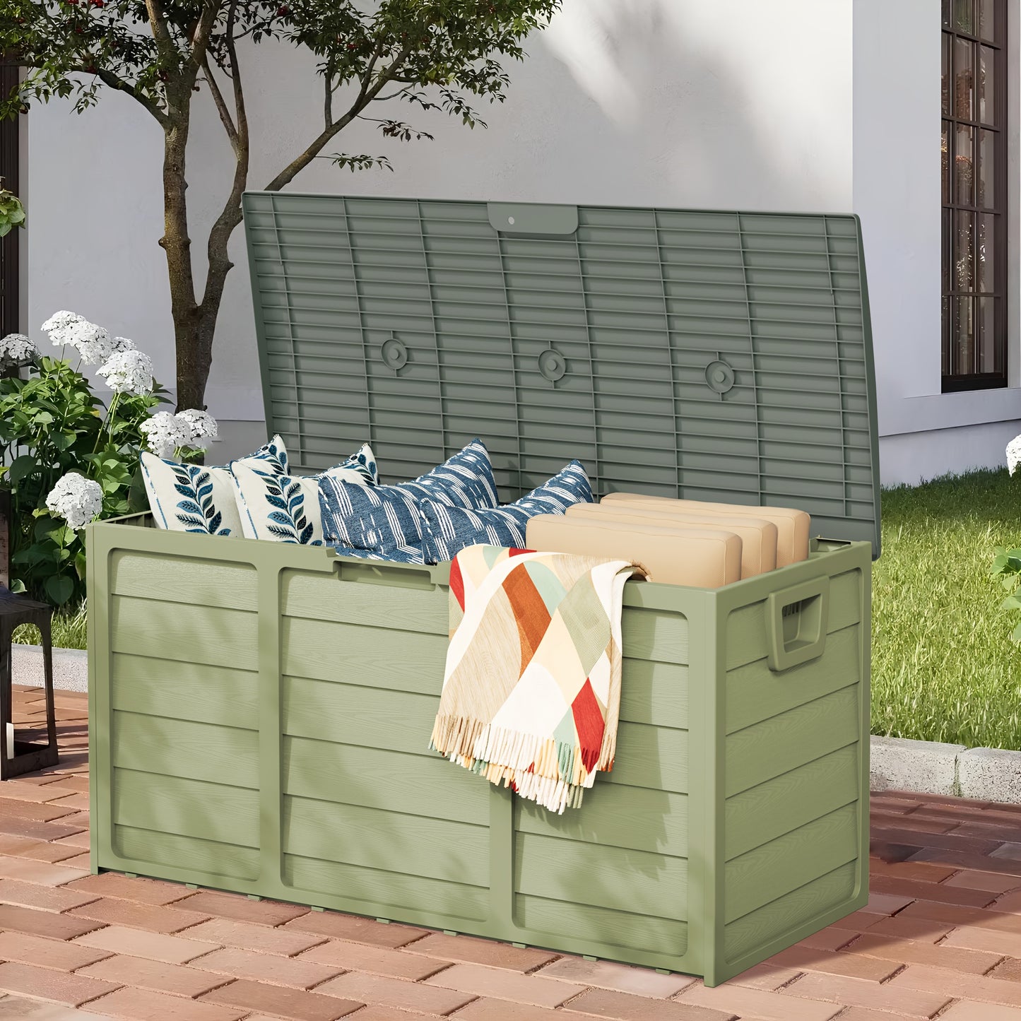 Caja de almacenamiento exterior de resina de 75 galones con asas. Ideal para accesorios de piscina, herramientas de jardín, equipo de camping, regalo navideño. Fácil de montar. Ideal como caja, armario o estante para almac