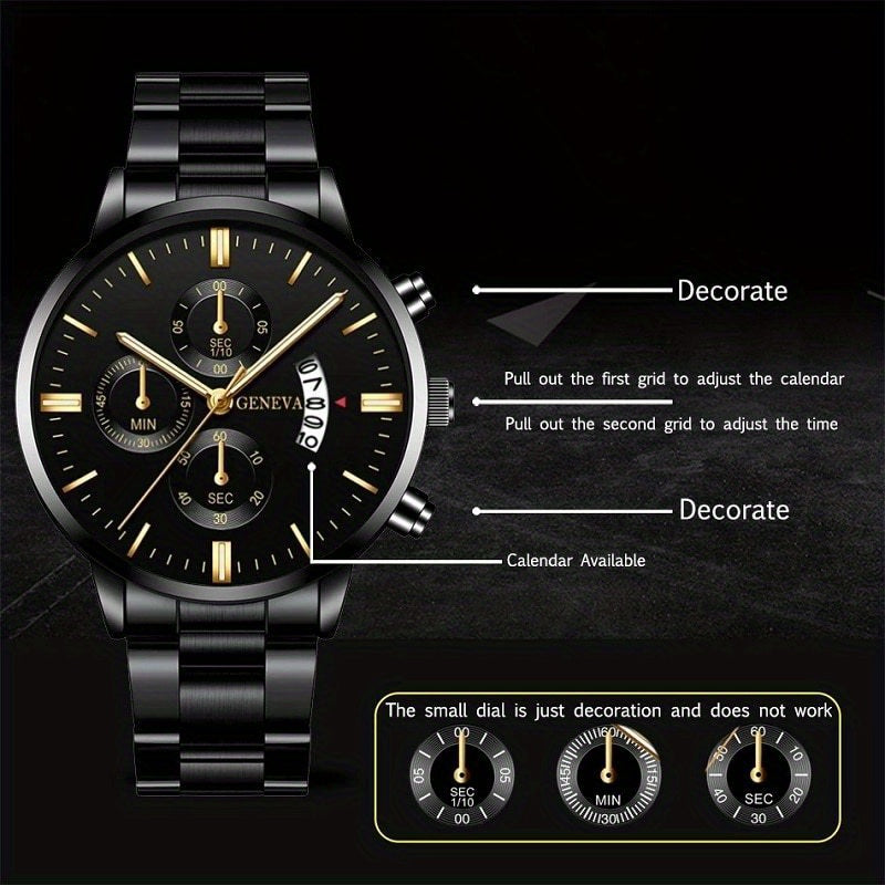 Juego de 4 relojes de moda para hombre, movimiento de cuarzo, correa de acero inoxidable con indicador de fecha | Reloj deportivo | Reloj informal | Reloj de negocios | Movimiento de cuarzo | Reloj de silicona | Reloj para ho