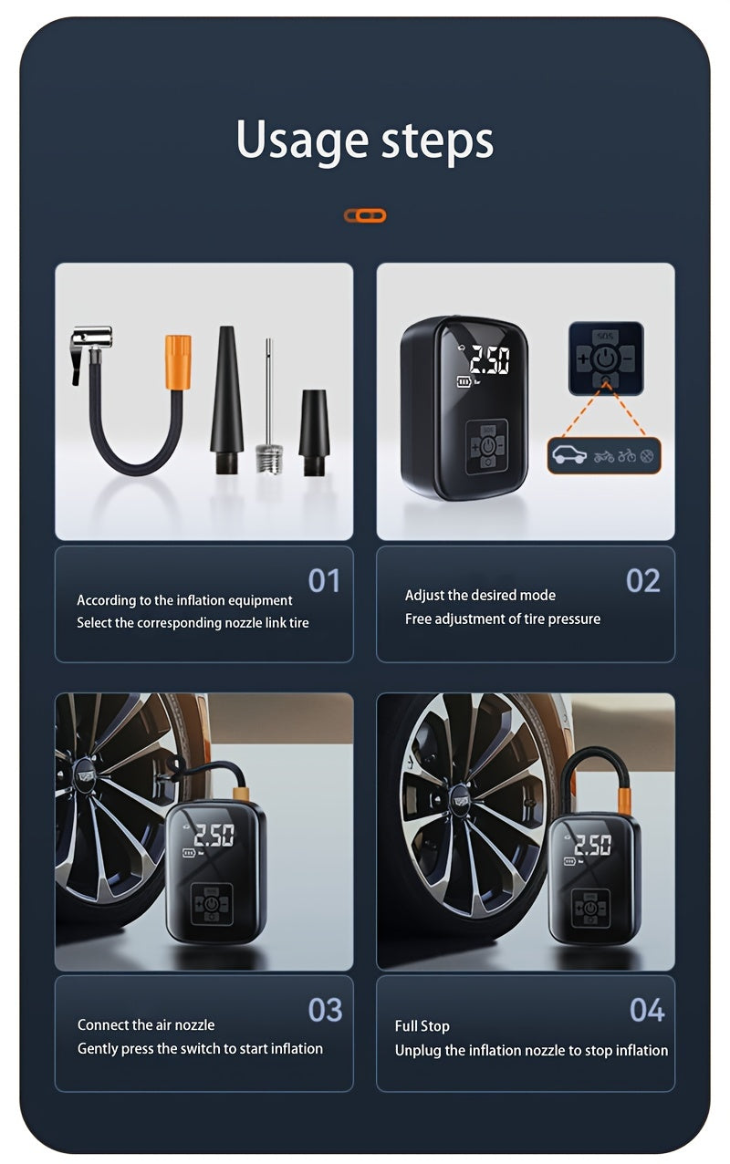 Inflador de neumáticos portátil con pantalla digital, compresor de aire inalámbrico rápido, recargable por USB, adaptador de boquilla multifunción, batería de litio de larga duración para neumáticos y balones de coche