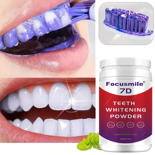 Polvo dental  morado FOCUSMILE - PAP, con saber refrescante a menta que elimina la suciedad de los dientes. No sensible.