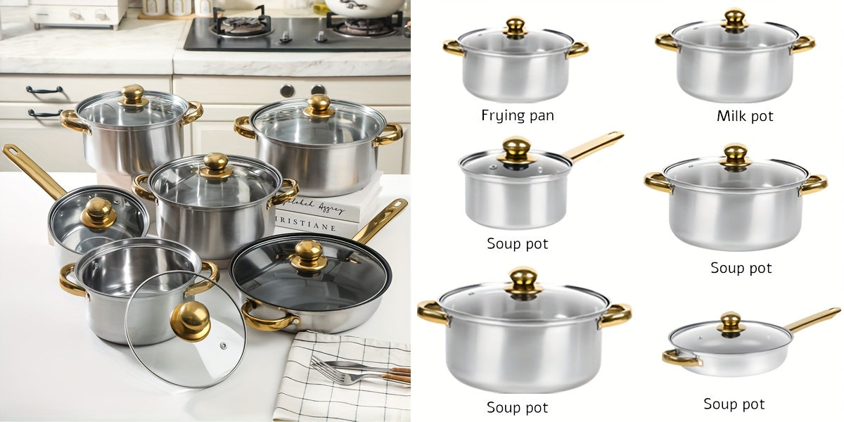 set de 12 ollas de acero inoxidable con tapa de vidrio y mango de acero inoxidable 16/ 18/20/22/24 cm.