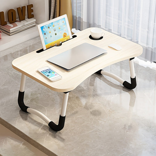Mesa de cama plegable compacta de madera maciza con patas y brazos blancos, ligera y portátil para dormitorio, ventanal o balcón.