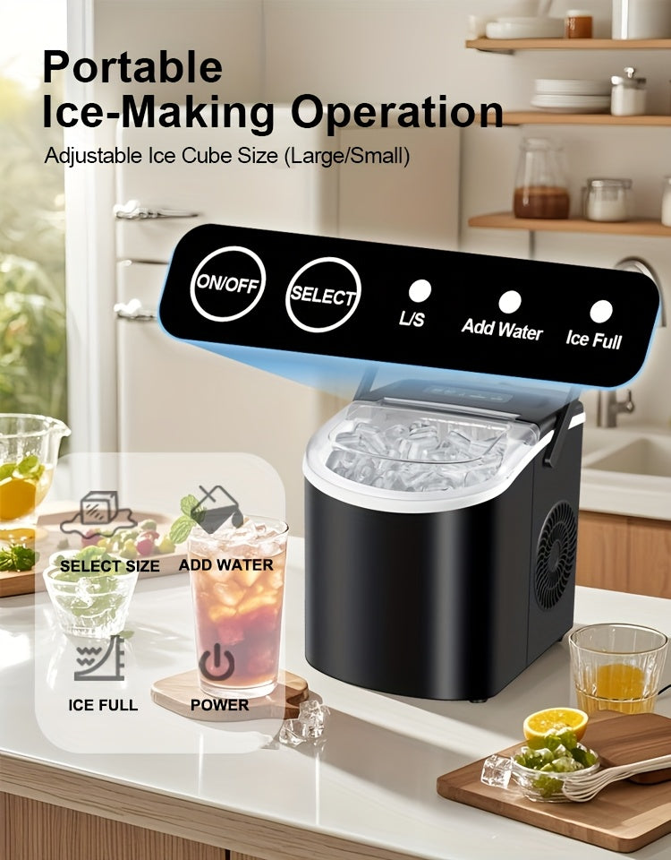 Máquina de hielo de mostrador con asa. Produce 11 kg de hielo en 24 horas y 9 cubitos de hielo en 6 minutos. Incluye canasta y pala para hielo.