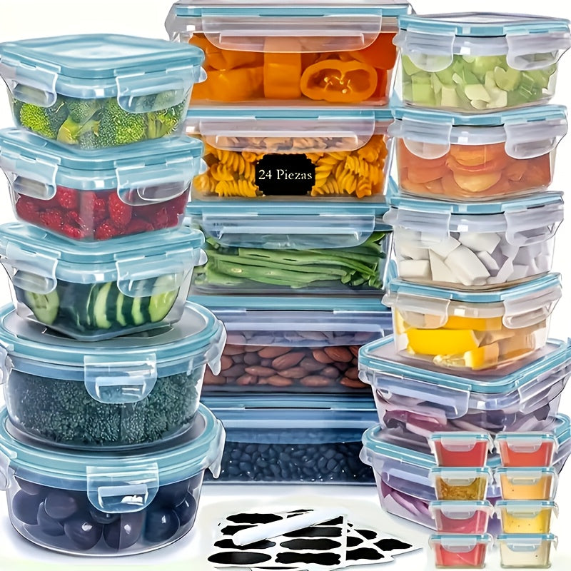 Juego de 48 recipientes de almacenamiento de alimentos de lujo de alta calidad: diseño sellado, libre de BPA, tapa fácil de cerrar, apilable y apto para microondas; incluye 24 recipientes, 24 tapas, etiquetas gratuitas y ro