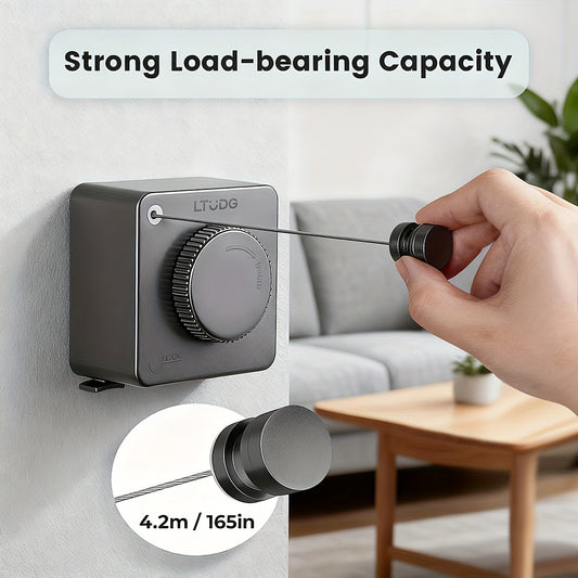 Tendedero compacto retráctil, con un solo toque, montable en la pared. Metálico y resistente de 580 CM de largo (188.98 pulgadas)