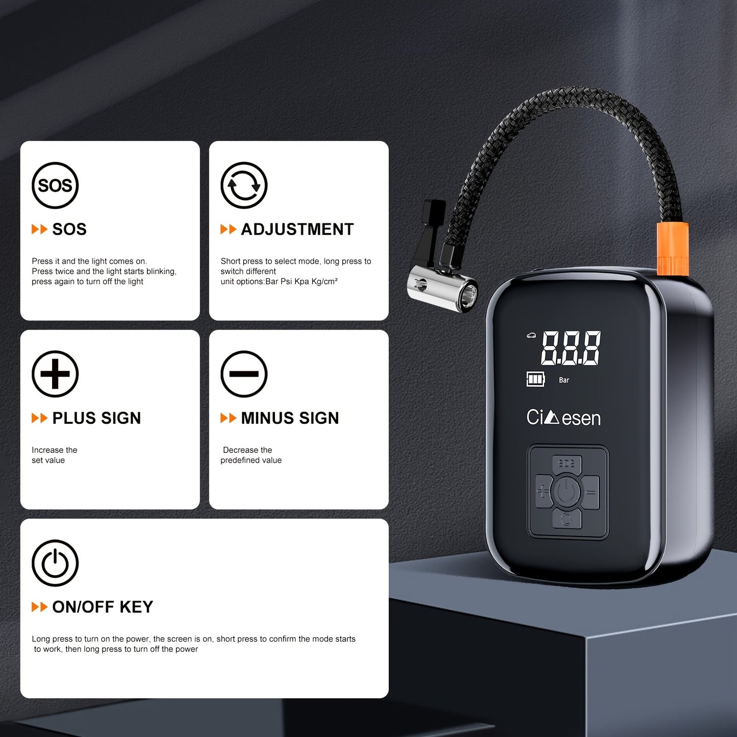 Inflador de neumáticos portátil con pantalla digital, compresor de aire inalámbrico rápido, recargable por USB, adaptador de boquilla multifunción, batería de litio de larga duración para neumáticos y balones de coche