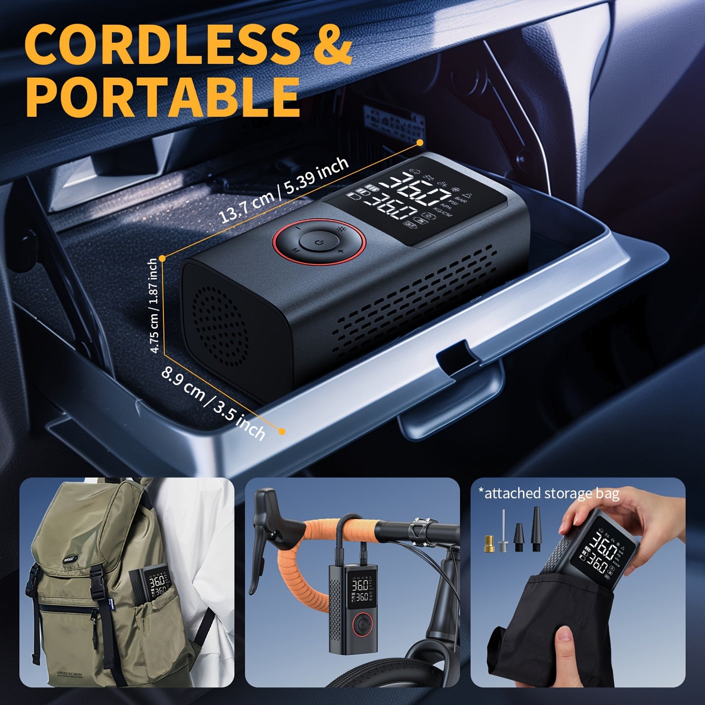 Inflador de neumáticos inalámbrico: compresor de aire inalámbrico con indicador digital y luz LED, recargable por USB, inflado dos veces más rápido para SUV, coches, bicicletas, motocicletas, equipos deportivos y balones