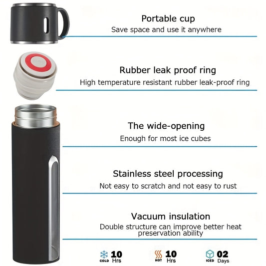 Botella térmica de acero inoxidable de 500 ml/16,9 oz con aislamiento al vacío y taza: aislamiento térmico de doble pared, taza de viaje a prueba de fugas, mantiene bebidas calientes o frías durante horas, elegante color