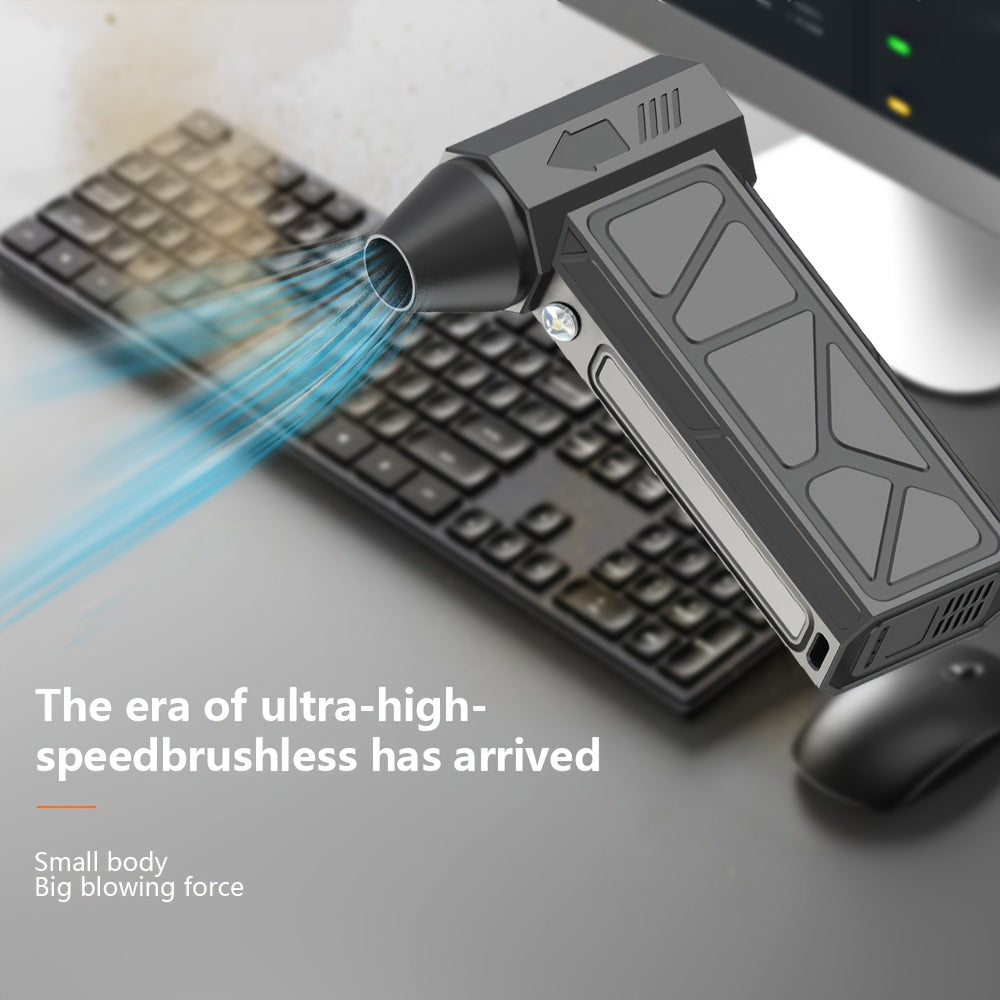 Ventilador portátil de mano de alta velocidad, con motor sin escobillas, recargable por USB, con función de iluminación, para nieve, esencial para acampar y limpieza interior de coche.