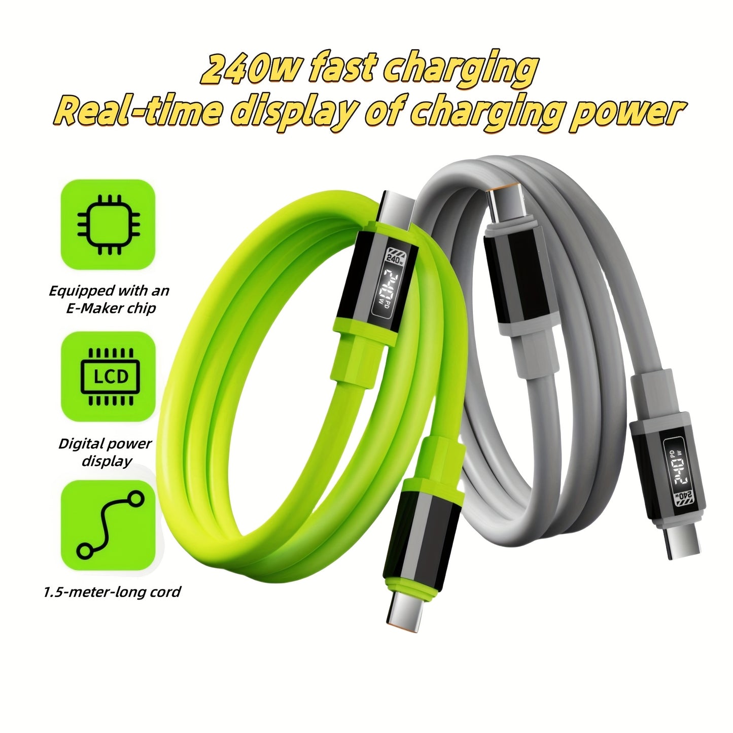 Cable de carga rápida de 240 W con pantalla en tiempo real, 150 cm de largo, material de silicona con superficie lisa, compatible con Huawei Honor, Xiaomi Poco, Samsung OPPO VIVO, pantalla LED digital de batería, carga ráp