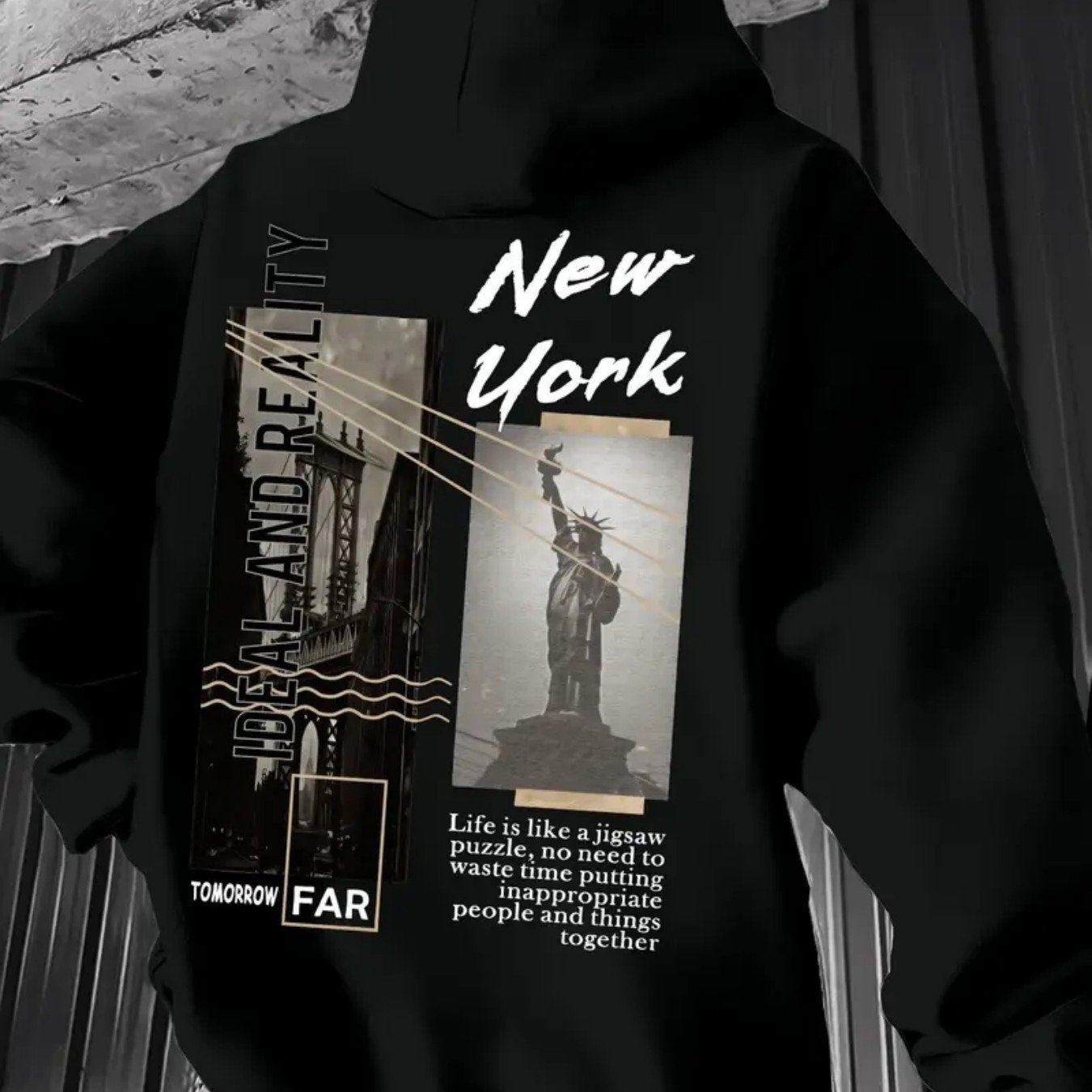 Sudadera con capucha de hip-hop para hombre y mujer: sudadera holgada, ropa urbana negra para otoño/invierno, atuendos casuales para el día a día y ocasiones especiales, ropa para otoño/invierno, diseño geométrico, tela