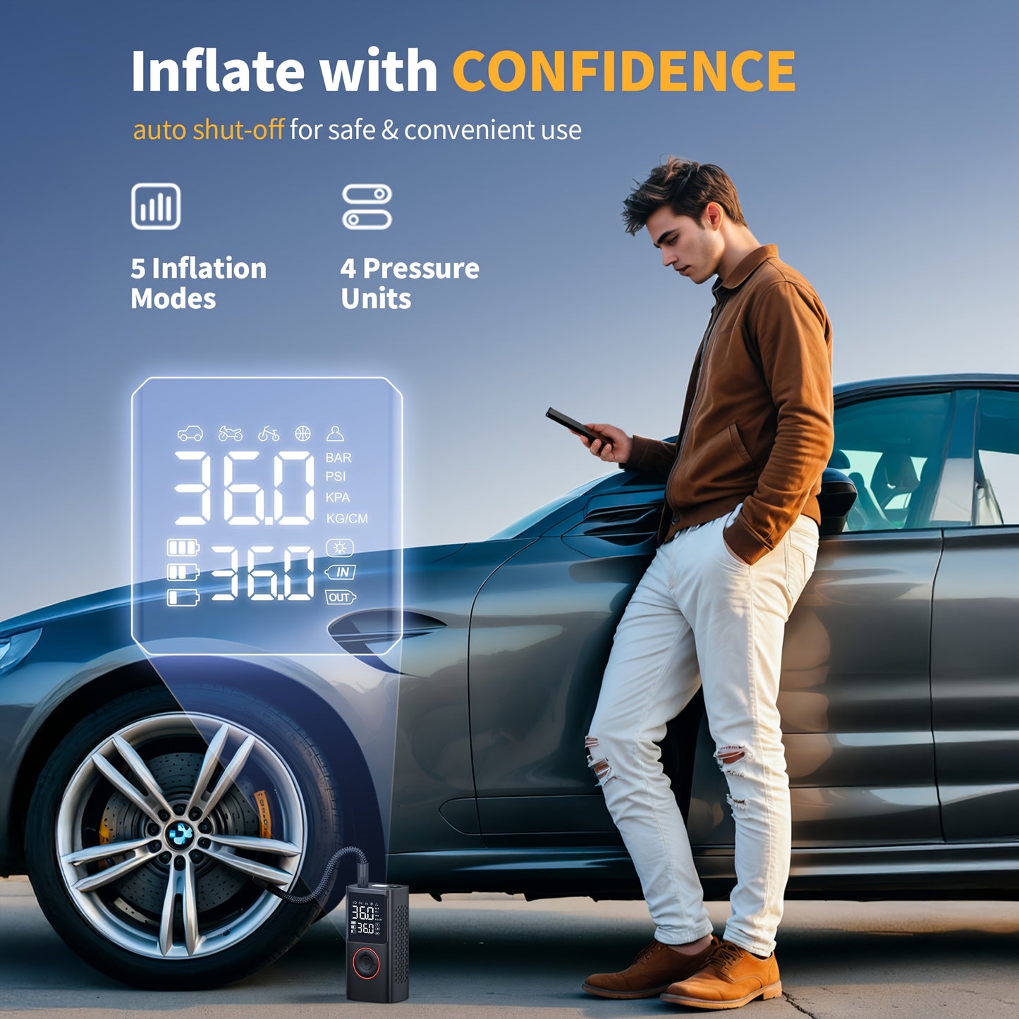 Inflador de neumáticos inalámbrico: compresor de aire inalámbrico con indicador digital y luz LED, recargable por USB, inflado dos veces más rápido para SUV, coches, bicicletas, motocicletas, equipos deportivos y balones