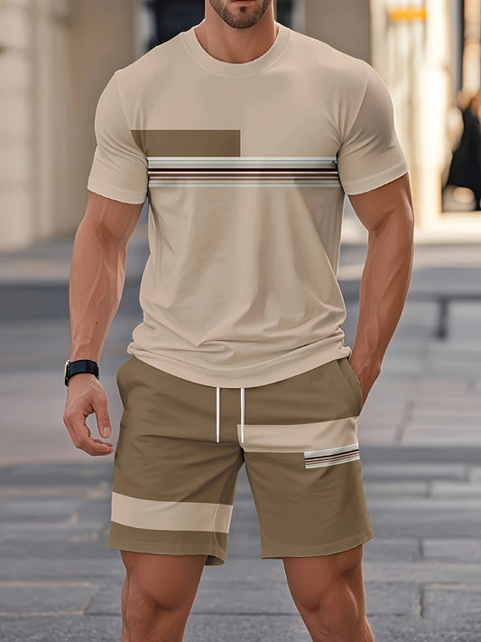 Conjunto de pantalón corto de rayas de manga corta para hombre, estampado gráfico de estilo urbano, de alta calidad, resistente, informal, con camiseta y shorts de diseño moderno, perfecto para verano, tejido transpirable