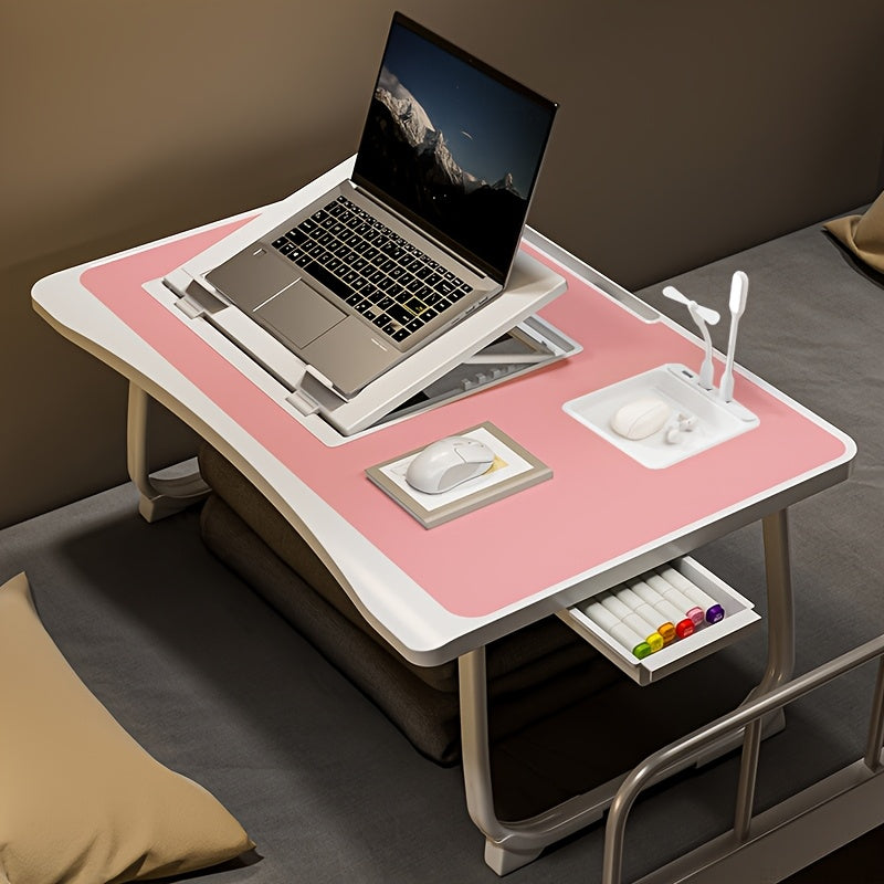 Mesa de cama portátil para portátil con portavasos y bandeja multifuncional - Escritorio de noche plegable con ranura para tarjeta para tableta, diseño robusto en forma de A, ligero y compacto para comer, leer, escribir en