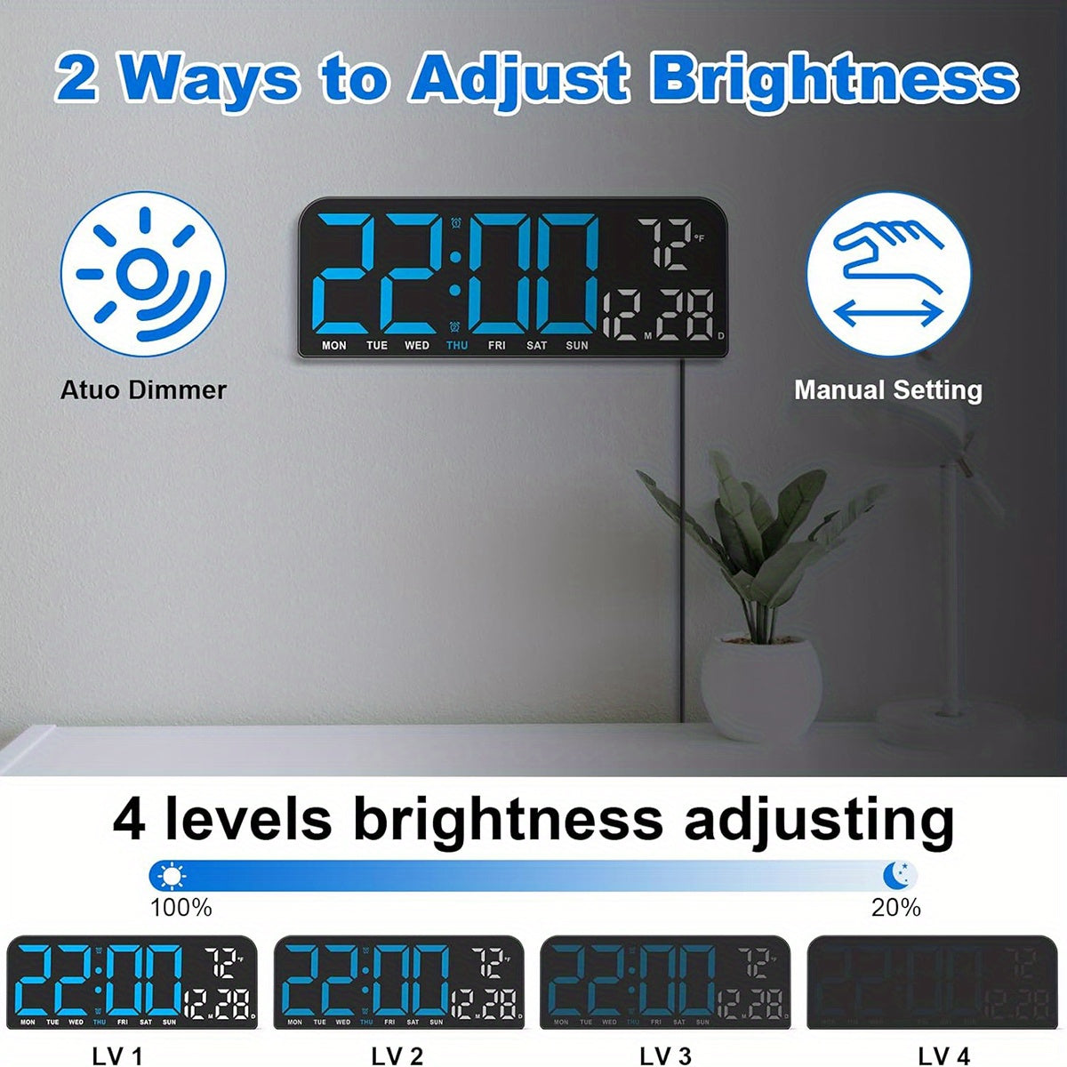 Reloj despertador digital LED extragrande con pantalla extragrande, atenuador automático y control remoto. Reloj moderno grande con temperatura, fecha, semana, temporizador/cuenta regresiva, modo 12/24 h, pantalla LED fácil
