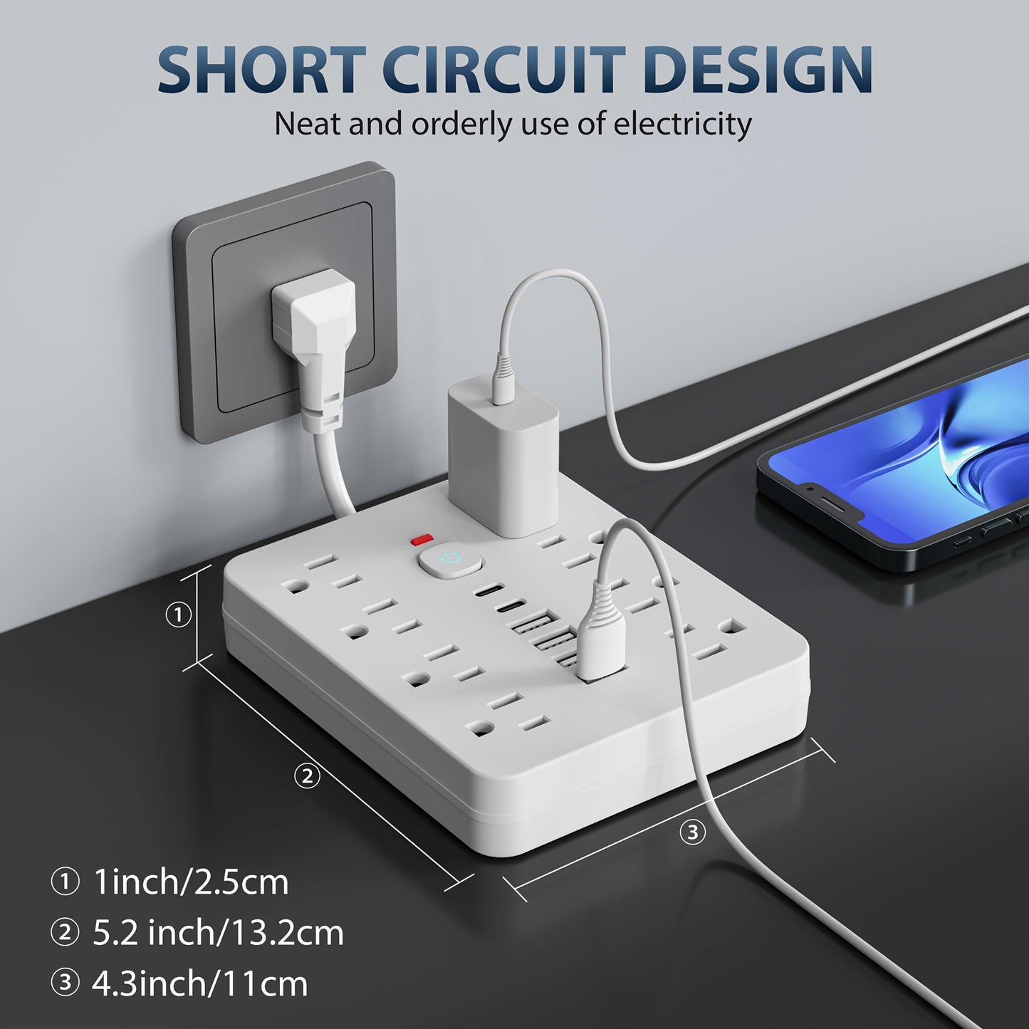 Regleta de enchufes 14 en 1 resistente con 8 tomas de CA, 4 puertos USB-A y 2 puertos USB-C, interruptores inteligentes (encendido/apagado) e indicador, cable alargador compacto con enchufe plano para el hogar, la oficina y l