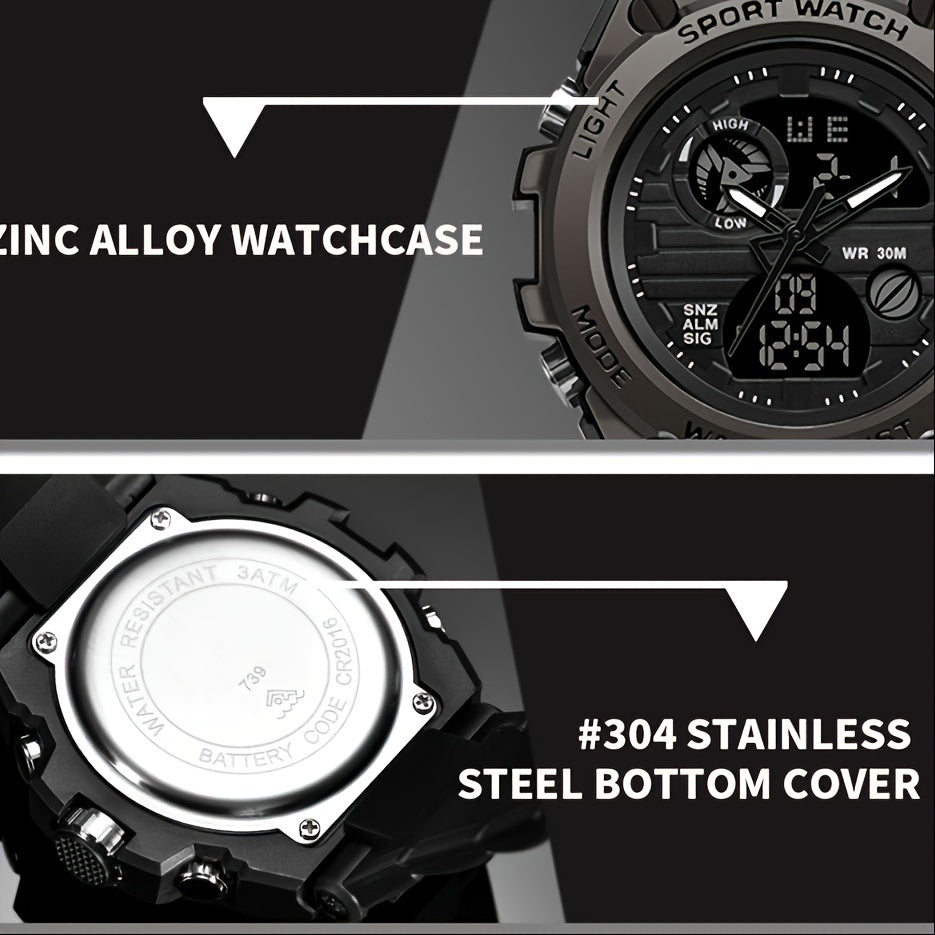 Reloj deportivo LED digital y analógico resistente para hombre (hasta 30 m, cronómetro, pantalla dual, correa de resina negra duradera, caja de aleación de zinc, para aventuras al aire libre).