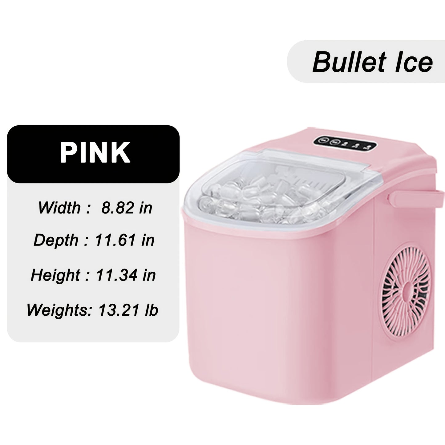 Máquina de hielo de mostrador con asa. Produce 11 kg de hielo en 24 horas y 9 cubitos de hielo en 6 minutos. Incluye canasta y pala para hielo.