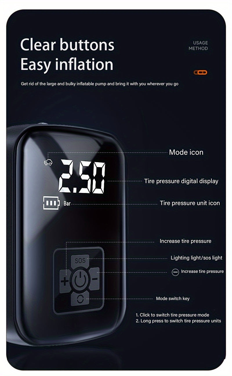 Inflador de neumáticos portátil con pantalla digital, compresor de aire inalámbrico rápido, recargable por USB, adaptador de boquilla multifunción, batería de litio de larga duración para neumáticos y balones de coche