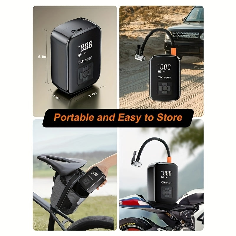 Inflador de neumáticos portátil con pantalla digital, compresor de aire inalámbrico rápido, recargable por USB, adaptador de boquilla multifunción, batería de litio de larga duración para neumáticos y balones de coche