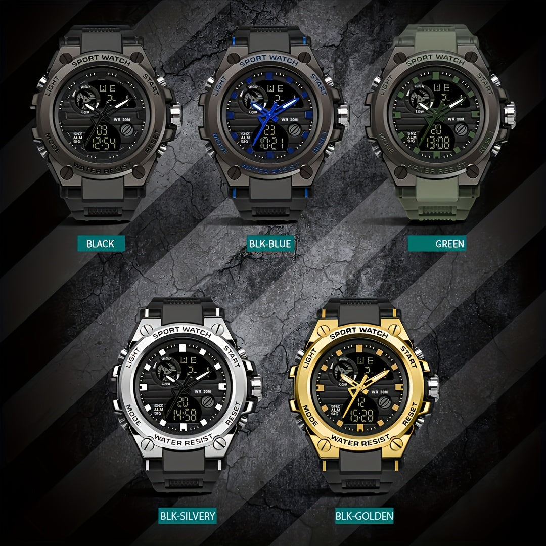 Reloj deportivo LED digital y analógico resistente para hombre (hasta 30 m, cronómetro, pantalla dual, correa de resina negra duradera, caja de aleación de zinc, para aventuras al aire libre).