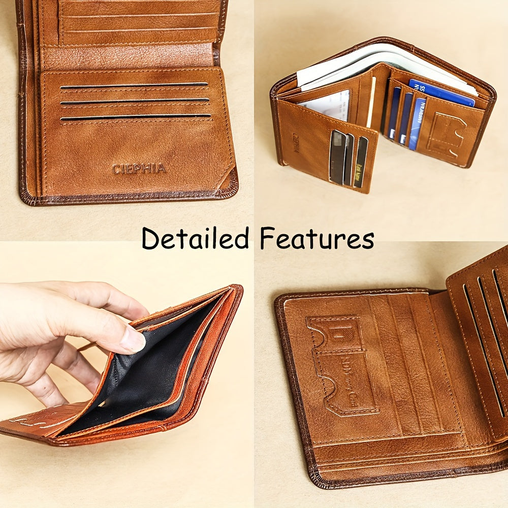 [Cartera de cuero RFID] Regalos para el Día del Padre para hombres, billeteras triples de cuero genuino con bloqueo RFID para hombre, tarjetero multifunción vintage de piel de vacuno de primera capa, pinzas para billetes co