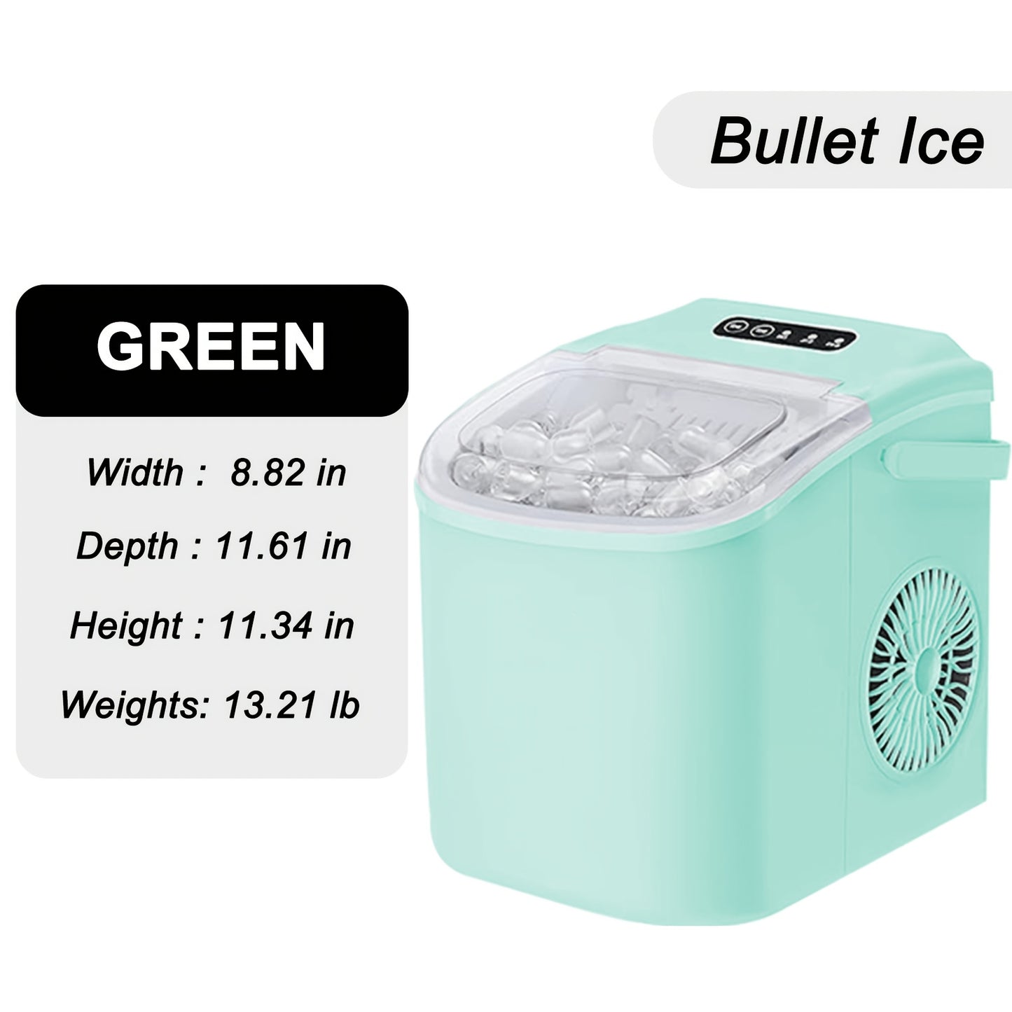 Máquina de hielo de mostrador con asa. Produce 11 kg de hielo en 24 horas y 9 cubitos de hielo en 6 minutos. Incluye canasta y pala para hielo.