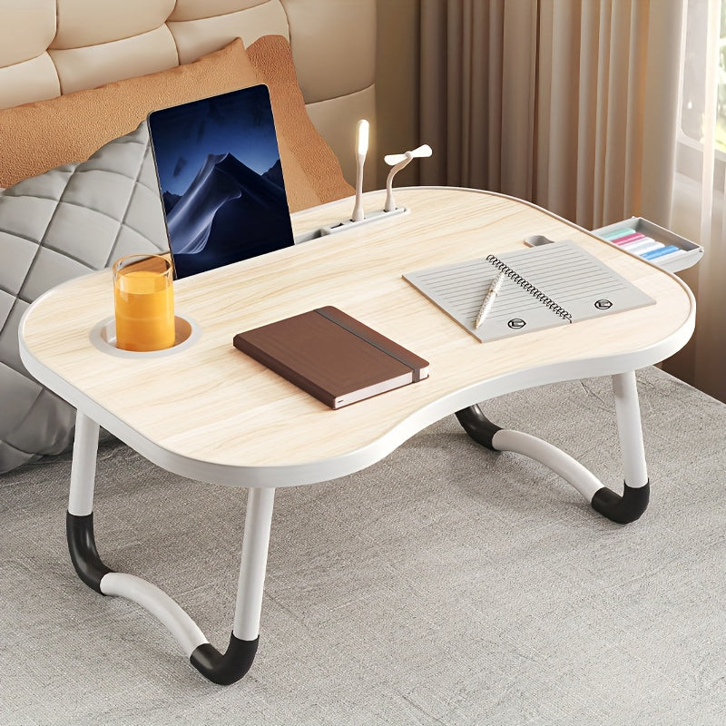 Mesa de cama portátil para portátil con portavasos y bandeja multifuncional - Escritorio de noche plegable con ranura para tarjeta para tableta, diseño robusto en forma de A, ligero y compacto para comer, leer, escribir en