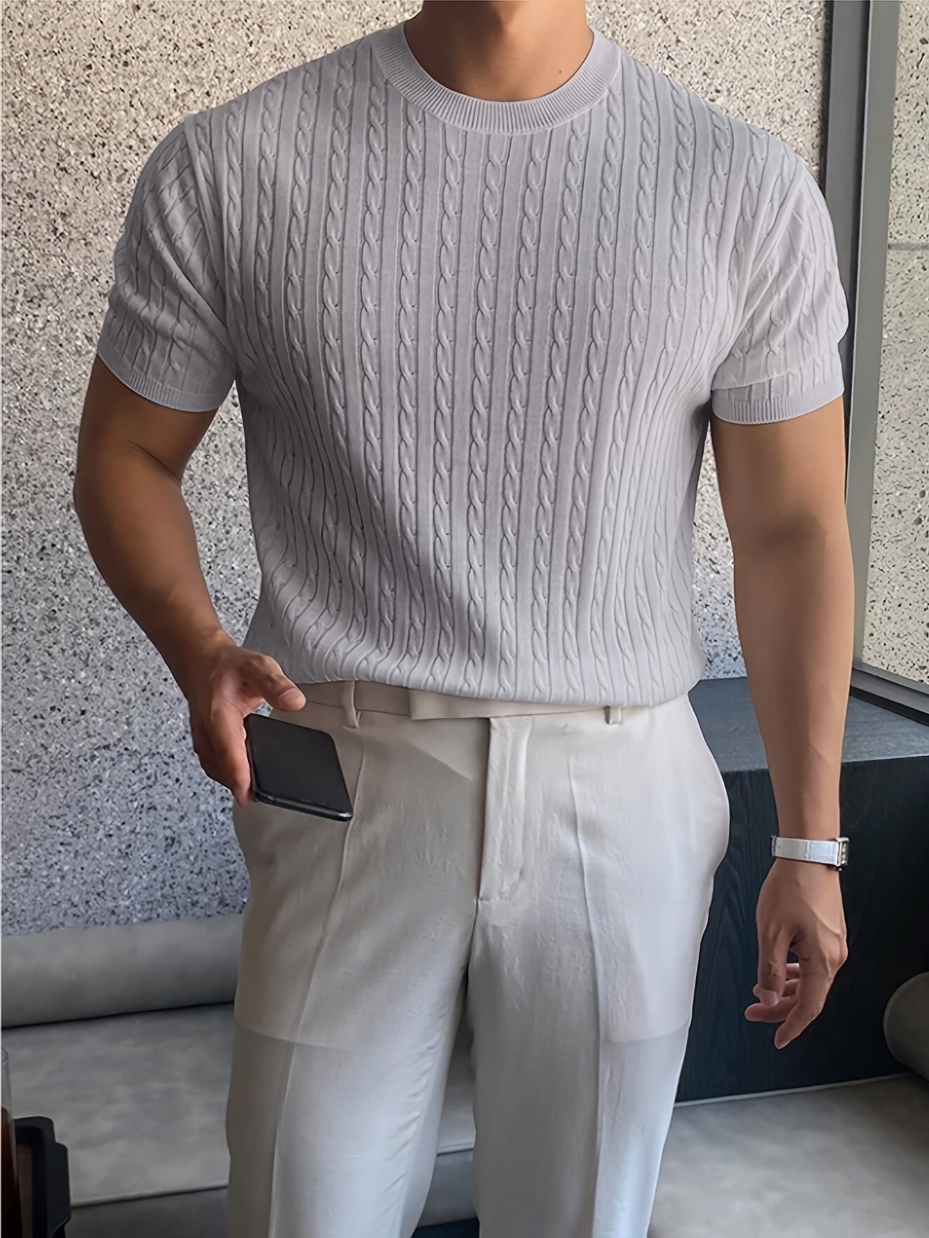 Suéter de punto trenzado con cuello redondo para hombre, manga corta y cuello acanalado