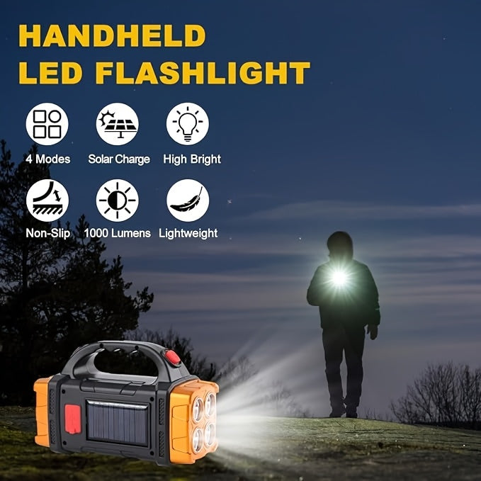 Linterna LED solar recargable de mano de alta potencia para exteriores, ideal para camping, emergencias, caza y trabajo. Incluye protección y carga USB y tipo C.