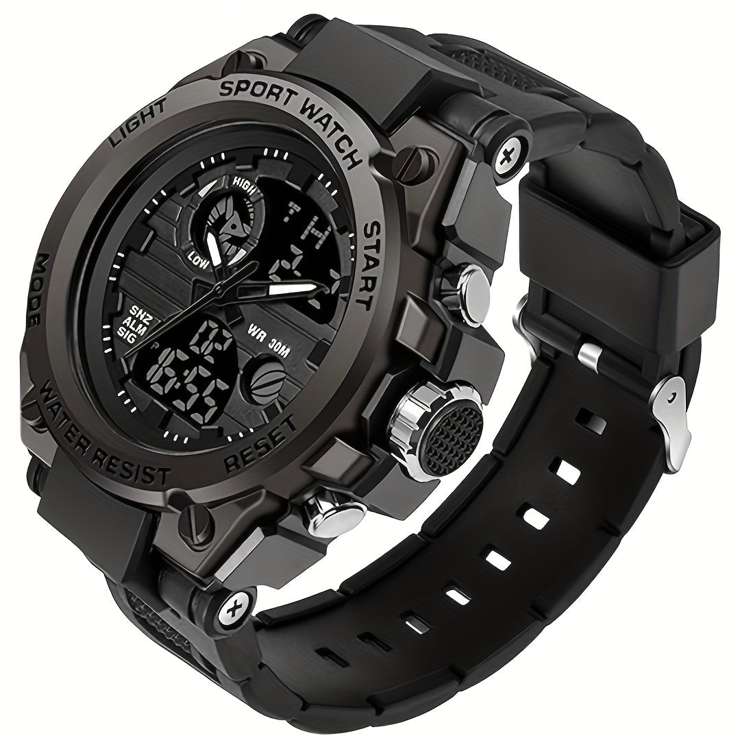 Reloj deportivo LED digital y analógico resistente para hombre (hasta 30 m, cronómetro, pantalla dual, correa de resina negra duradera, caja de aleación de zinc, para aventuras al aire libre).