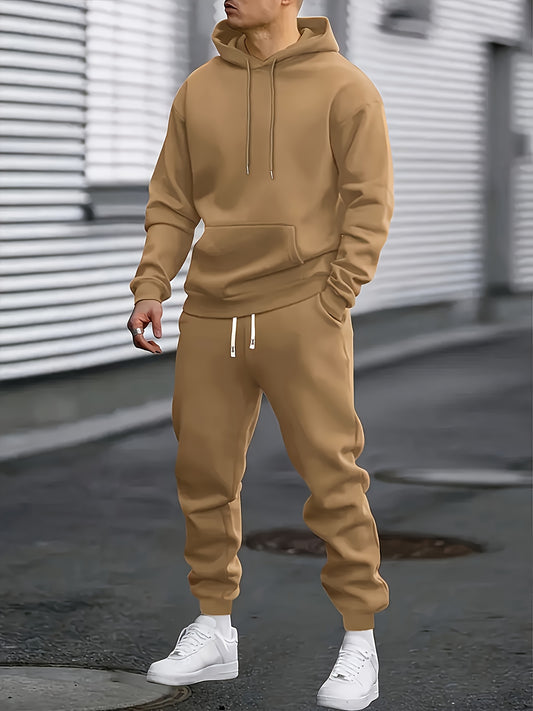 Conjunto deportivo informal para hombre: sudadera con capucha y pantalón de chándal, poliéster con cintura elástica y mangas enrolladas, color liso, ideal para correr al aire libre y entrenar en el gimnasio. Transpirable,
