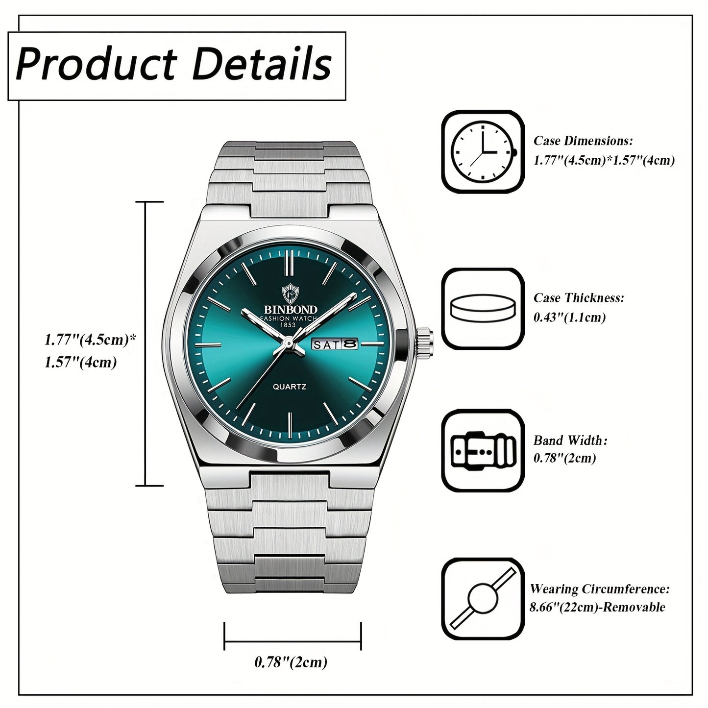 Reloj de acero inoxidable de lujo para hombre con esfera luminosa verde turquesa, indicador de semana/fecha/día/segundero, movimiento de cuarzo, correa sólida - Reloj de vestir profesional para negocios, viajes, buceo (-) -