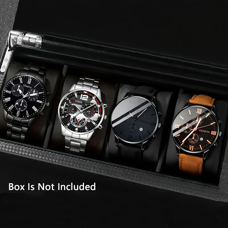 [Conjunto de relojes con estilo] Juego de 4 relojes de cuarzo de moda para hombre: esfera redonda, correas de acero inoxidable y piel sintética, opciones en negro y marrón, ideal para cumpleaños, Eid, Navidad, San Valentí