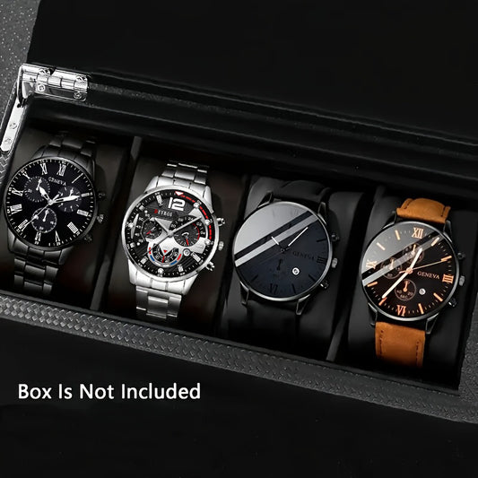 [Conjunto de relojes con estilo] Juego de 4 relojes de cuarzo de moda para hombre: esfera redonda, correas de acero inoxidable y piel sintética, opciones en negro y marrón, ideal para cumpleaños, Eid, Navidad, San Valentí