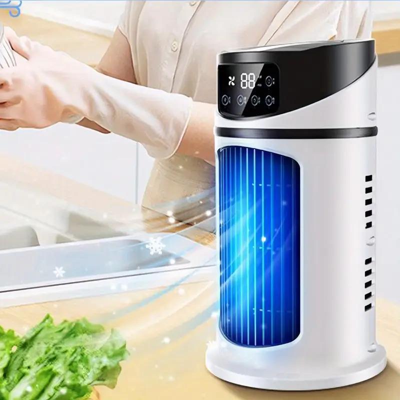 Aire acondicionado portátil 3 en 1, humidificador y ventilador con luz ambiental. Alimentación por USB para uso en interiores y exteriores. Diseño compacto para oficina y hogar. Elegante humidificador portátil en blanco y