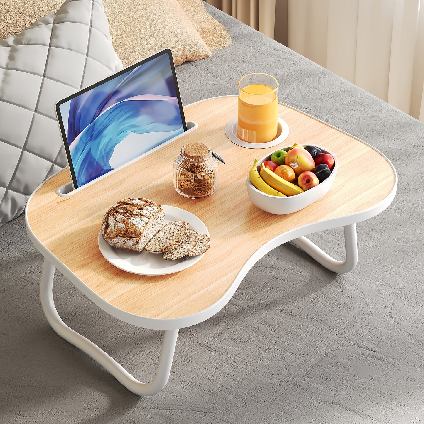 Mesa de cama portátil para portátil con portavasos y bandeja multifuncional - Escritorio de noche plegable con ranura para tarjeta para tableta, diseño robusto en forma de A, ligero y compacto para comer, leer, escribir en